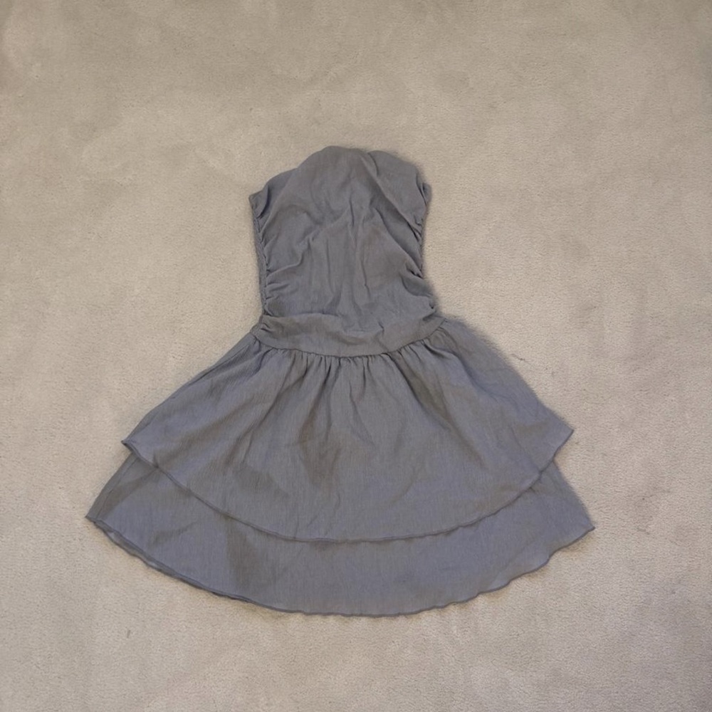 Cider Sky Blue/Gray Strapless Tiered Midi Dress
